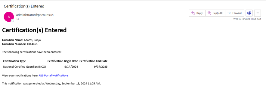 An example of a Certification Entered notification